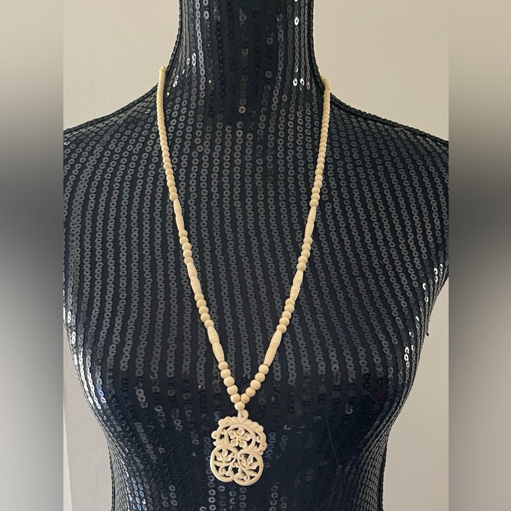 Vintage Ox Bone Carved Asian Floral Beaded Necklace